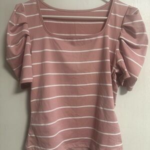 SHEIN Pink and White Striped Puff Sleeve Top